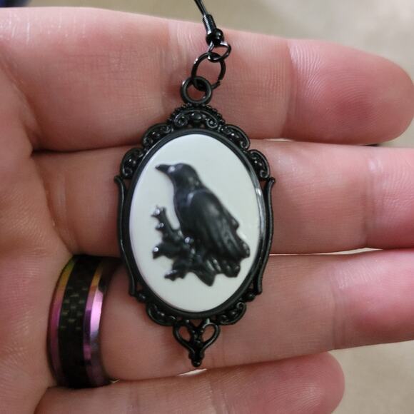 Black Raven Cameo Hook Earrings - Picture 2 of 4